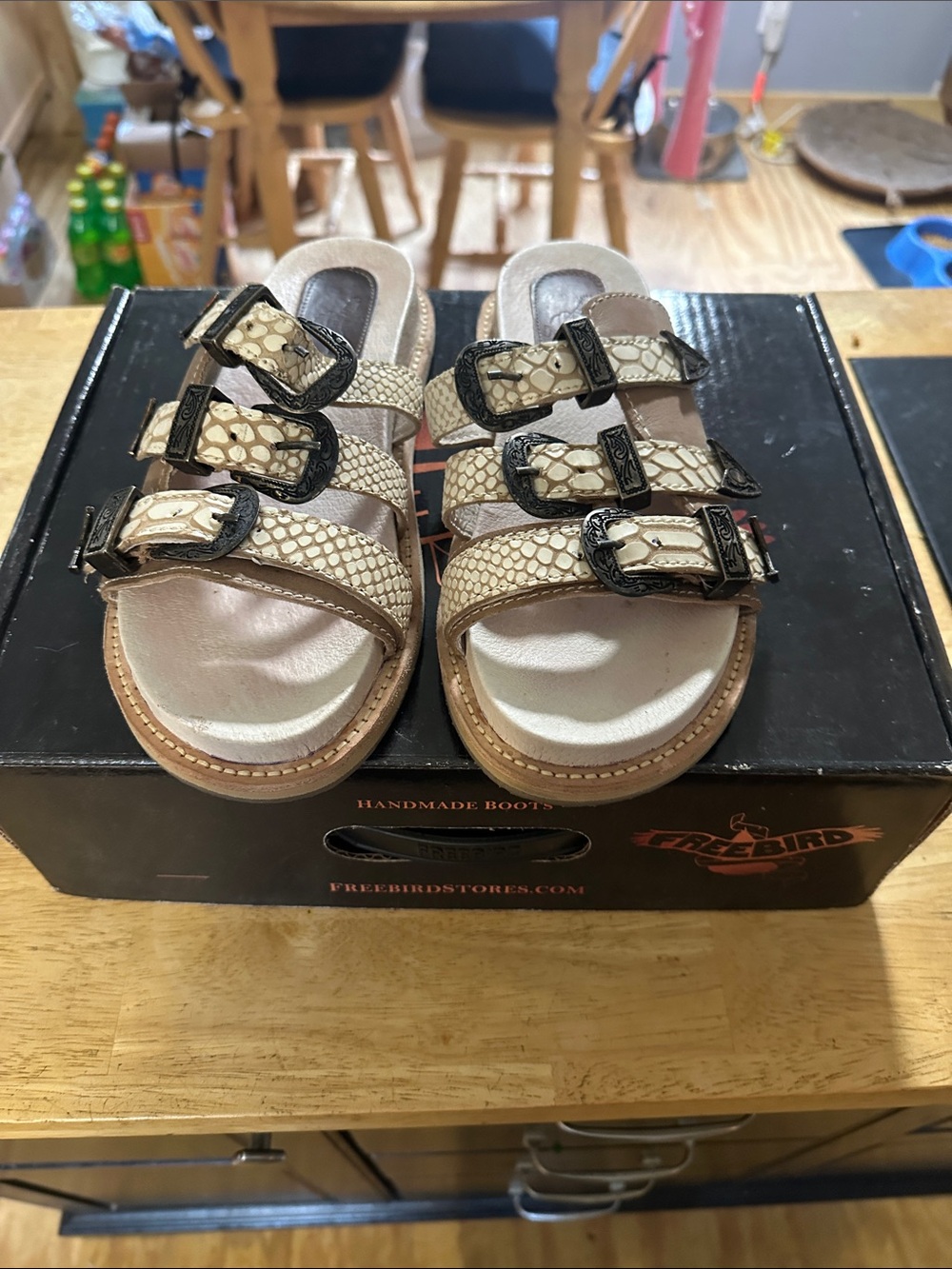 Freebird by Steven Beige Snake-Print Triple Buckle Slide Sandals